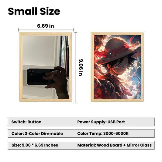 One Piece Monkey D. Luffy Roronoa Zoro Sanji Chopper Mirror Light Painting 2 in 1 LED Mirror Wooden Frame 3 Color Dimmable USB Powered HD Mirror Glass Anime Night Light Desk Decor 9.06x6.69 Inch Gift For Fans