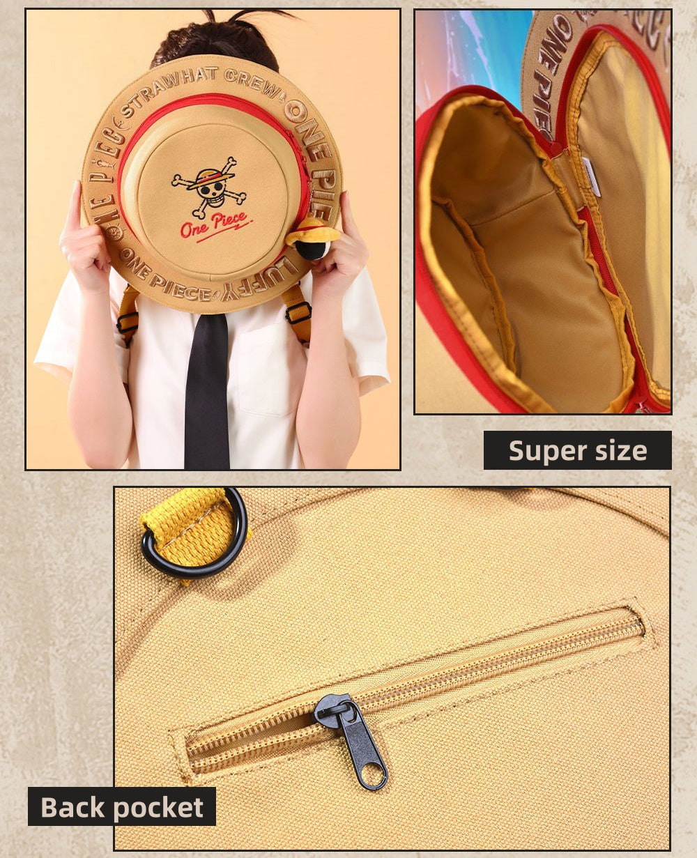 One Piece Monkey D. Luffy Straw Hat Backpack, Anime Cosplay Shoulder Bag with Plush Pendant, Large Capacity Canvas Daypack for Fans Gift