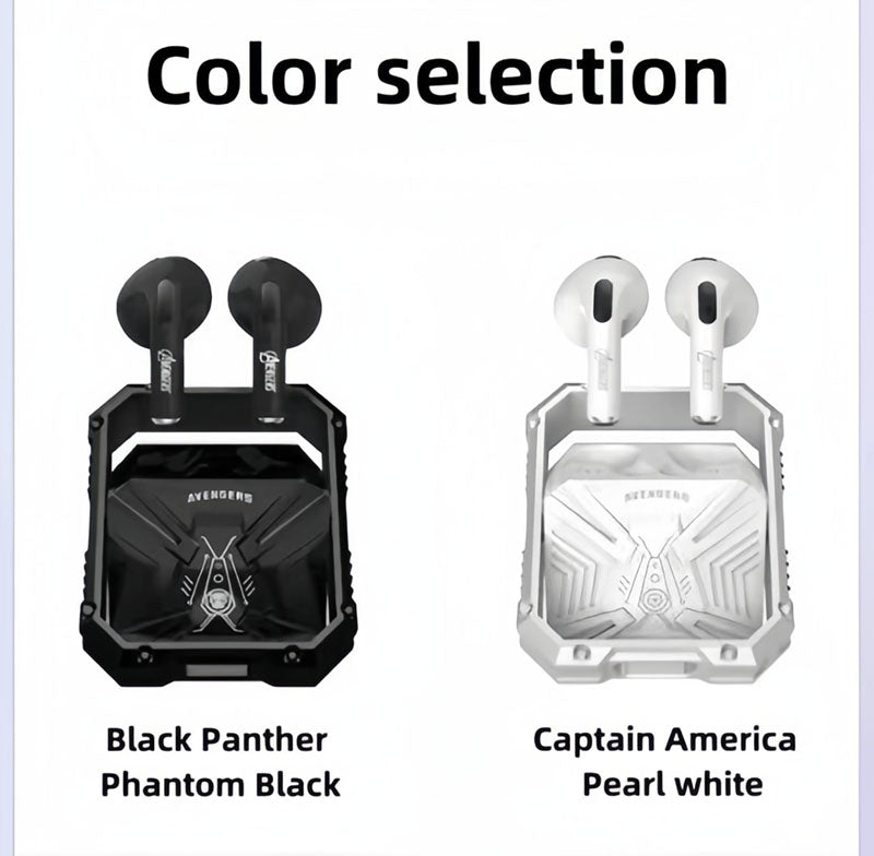 Marvel Avengers Iron Man TWS Wireless Bluetooth 5.3 Earbuds Rotatable Opening Charging Case 360° Surround Sound Semi‑in‑Ear Gaming Headphones Black White Variant For Sports Gaming Daily Use
