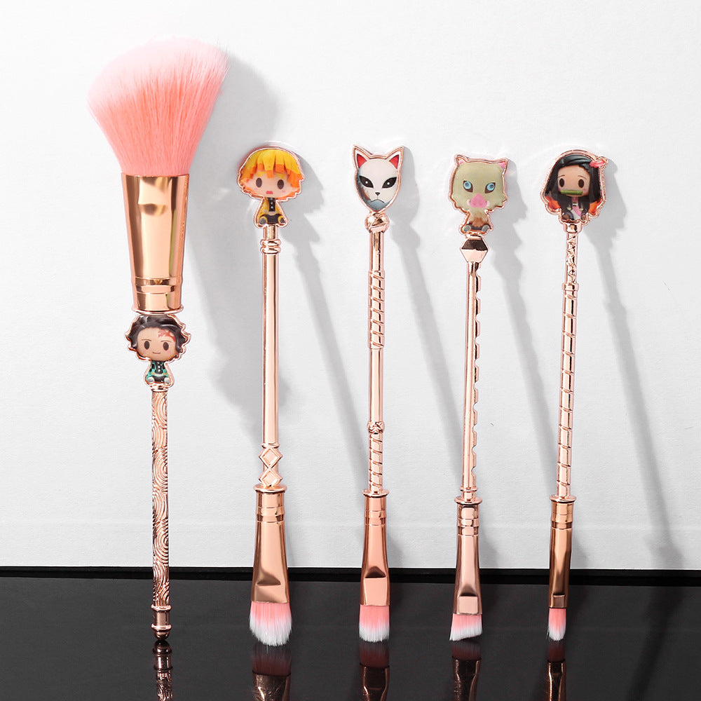 Demon Slayer Makeup Brushes Set, 5Pcs Anime Cosmetic Brushes with Pink Storage Pouch, Soft Synthetic Bristles Rose Gold Handle Makeup Brush Kit, Cute Anime Gift for Demon Slayer Fans