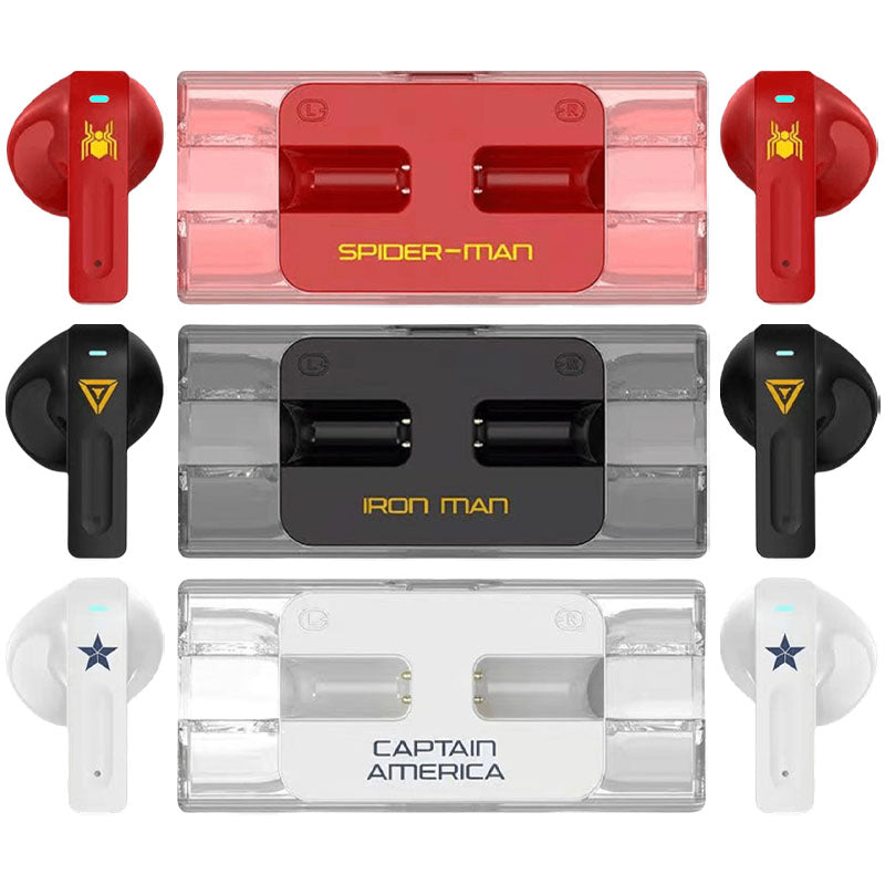 Avengers Spider‑Man Iron Man Captain America TWS True Wireless Bluetooth 5.3 Earbuds, Low Latency Gaming Mode, Cool Light Transparent Charging Case, Touch Control HIFI Stereo Headphones