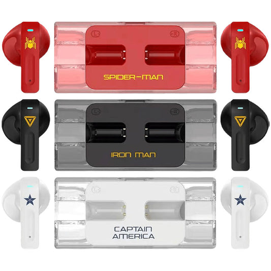 Avengers Spider‑Man Iron Man Captain America TWS True Wireless Bluetooth 5.3 Earbuds, Low Latency Gaming Mode, Cool Light Transparent Charging Case, Touch Control HIFI Stereo Headphones