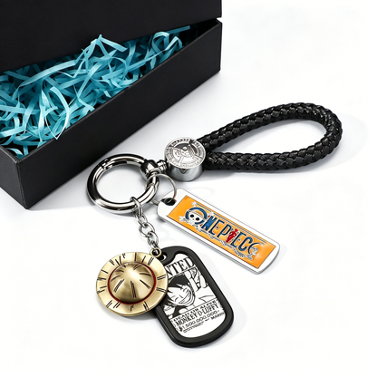 One Piece Monkey D. Luffy Wanted Poster Keychain Set Metal Dog Tag Pendant Braided Wrist Lanyard Anime Cosplay Accessory Gift Box Collection