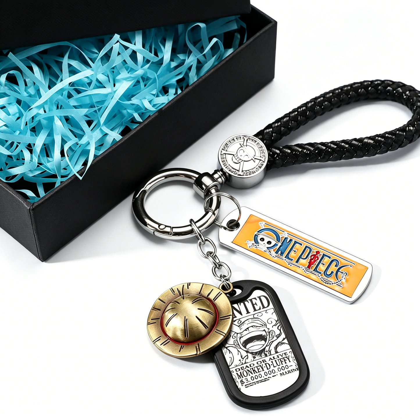 One Piece Monkey D. Luffy Wanted Poster Keychain Set Metal Dog Tag Pendant Braided Wrist Lanyard Anime Cosplay Accessory Gift Box Collection