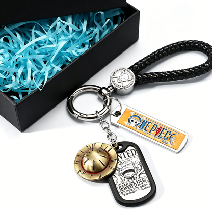 One Piece Monkey D. Luffy Wanted Poster Keychain Set Metal Dog Tag Pendant Braided Wrist Lanyard Anime Cosplay Accessory Gift Box Collection
