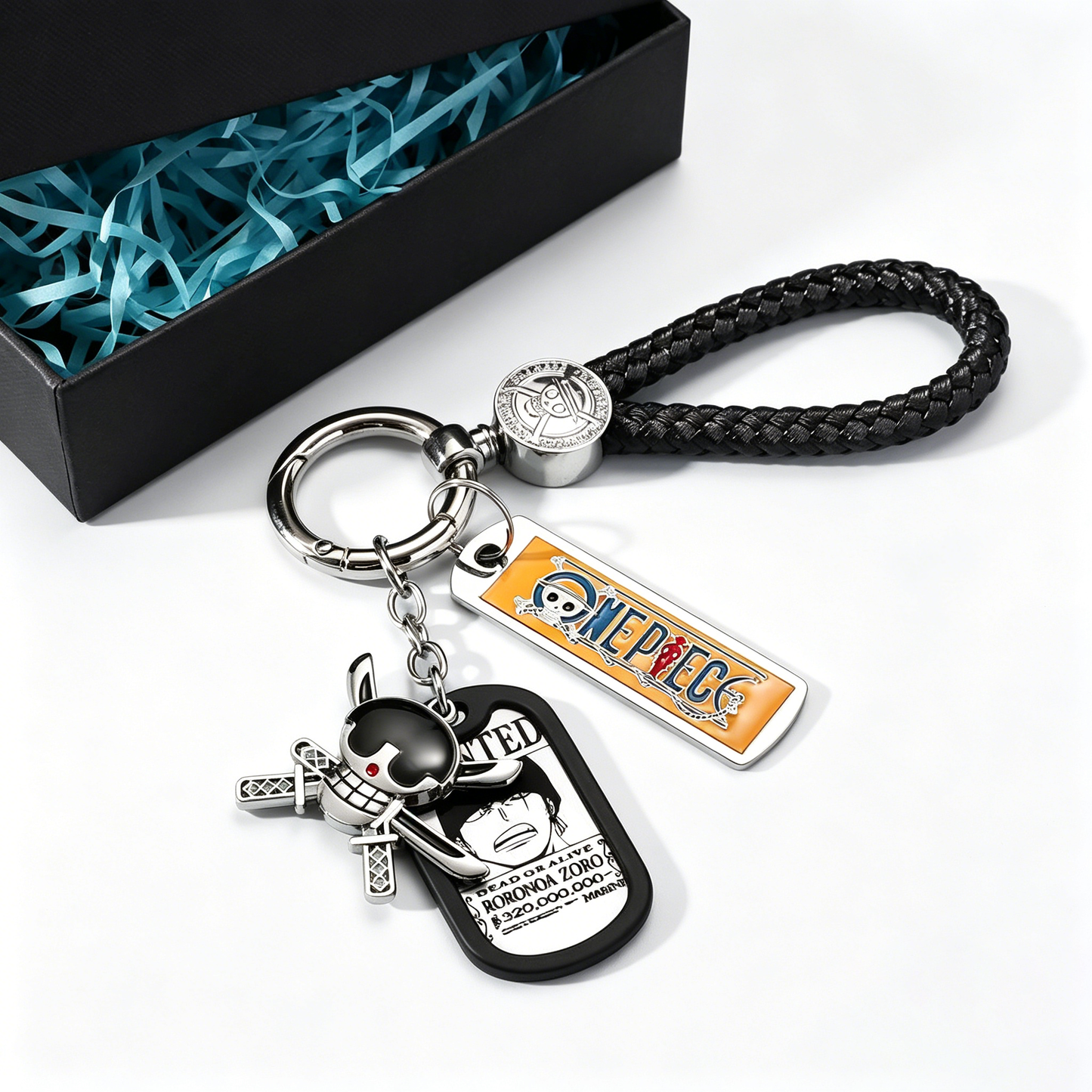 One Piece Monkey D. Luffy Wanted Poster Keychain Set Metal Dog Tag Pendant Braided Wrist Lanyard Anime Cosplay Accessory Gift Box Collection