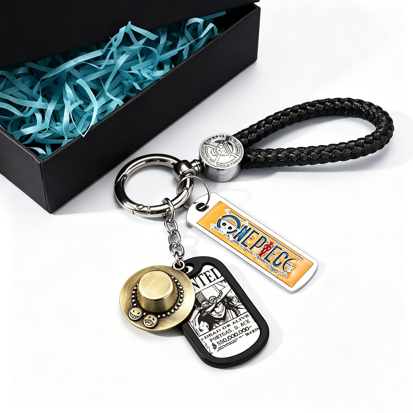 One Piece Monkey D. Luffy Wanted Poster Keychain Set Metal Dog Tag Pendant Braided Wrist Lanyard Anime Cosplay Accessory Gift Box Collection
