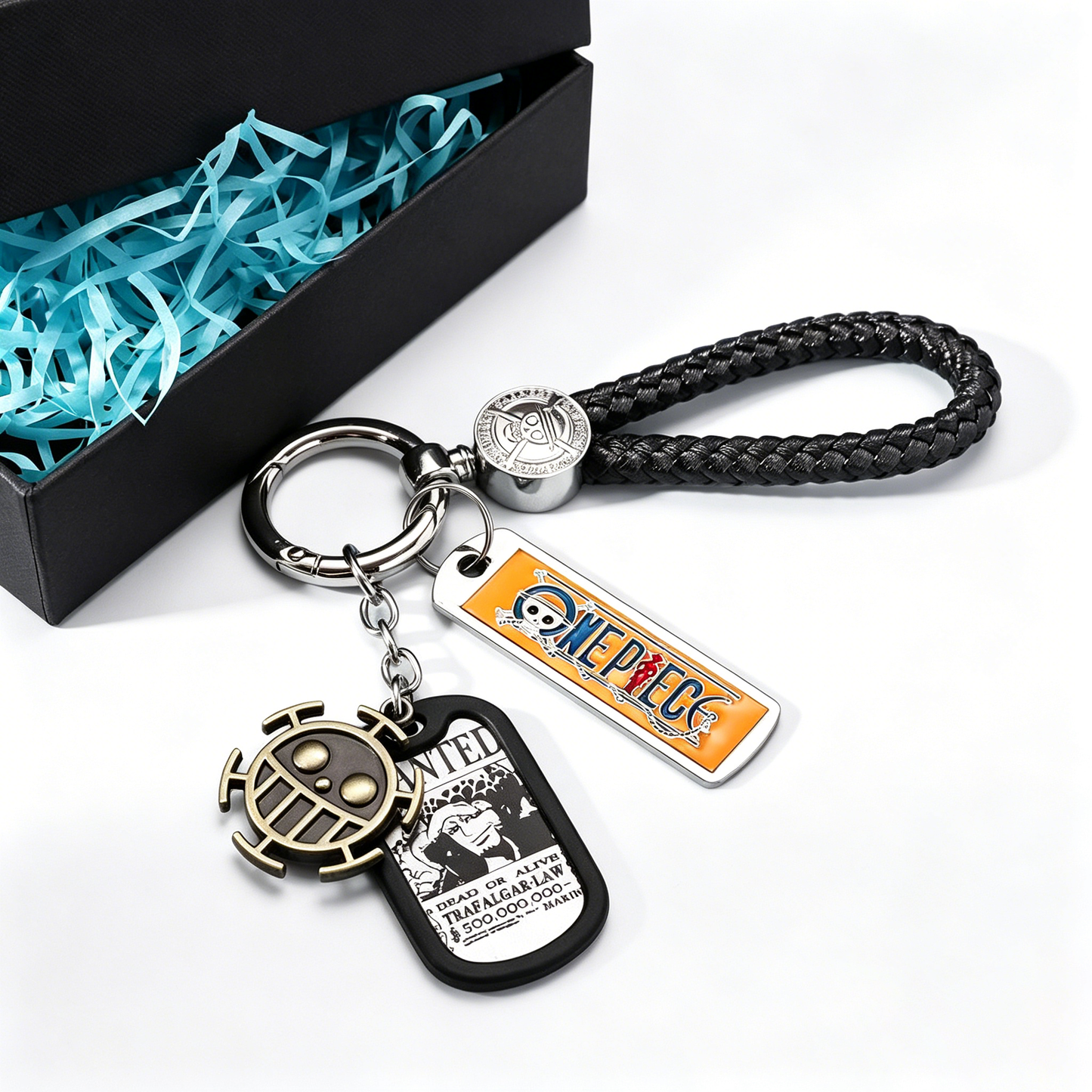 One Piece Monkey D. Luffy Wanted Poster Keychain Set Metal Dog Tag Pendant Braided Wrist Lanyard Anime Cosplay Accessory Gift Box Collection