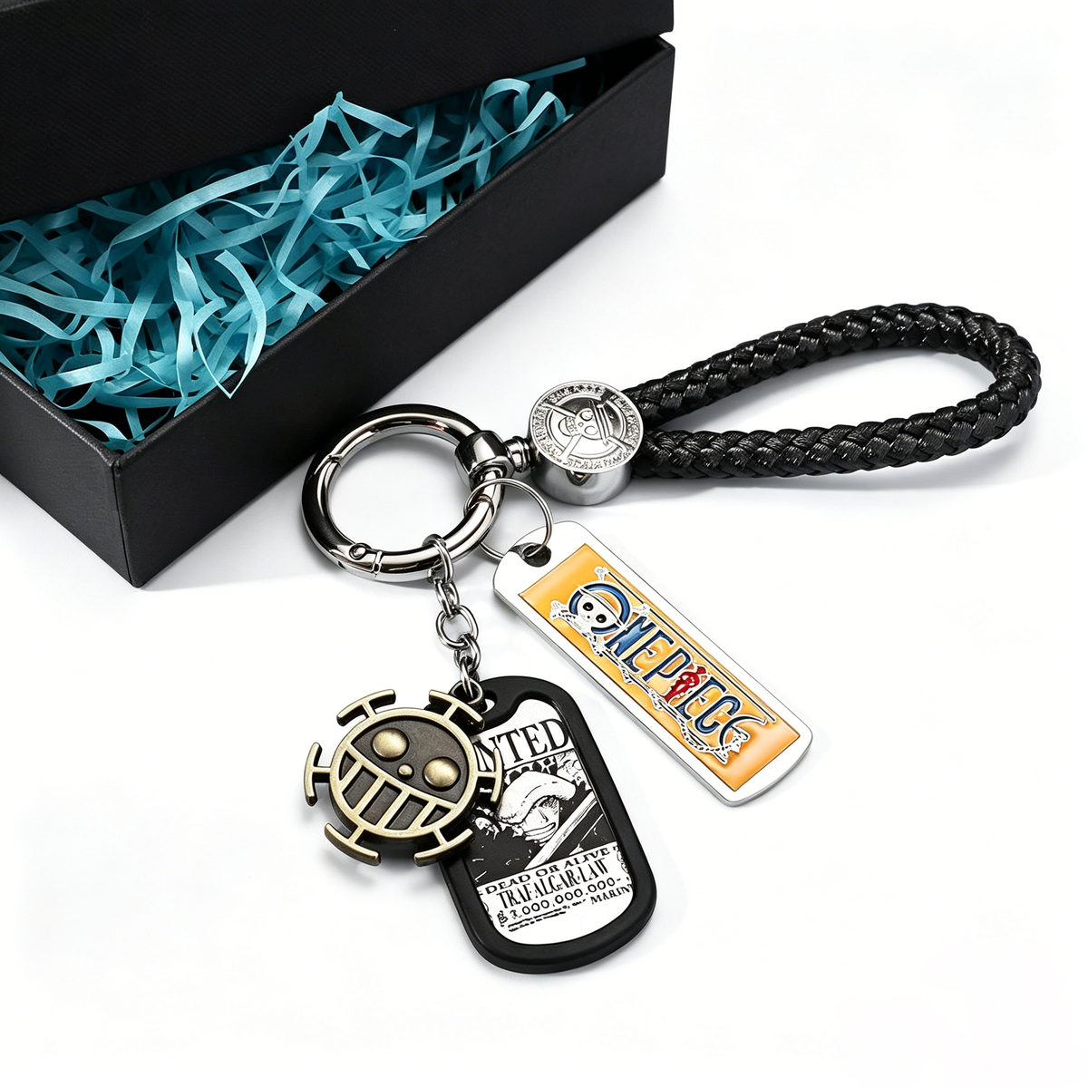 One Piece Monkey D. Luffy Wanted Poster Keychain Set Metal Dog Tag Pendant Braided Wrist Lanyard Anime Cosplay Accessory Gift Box Collection