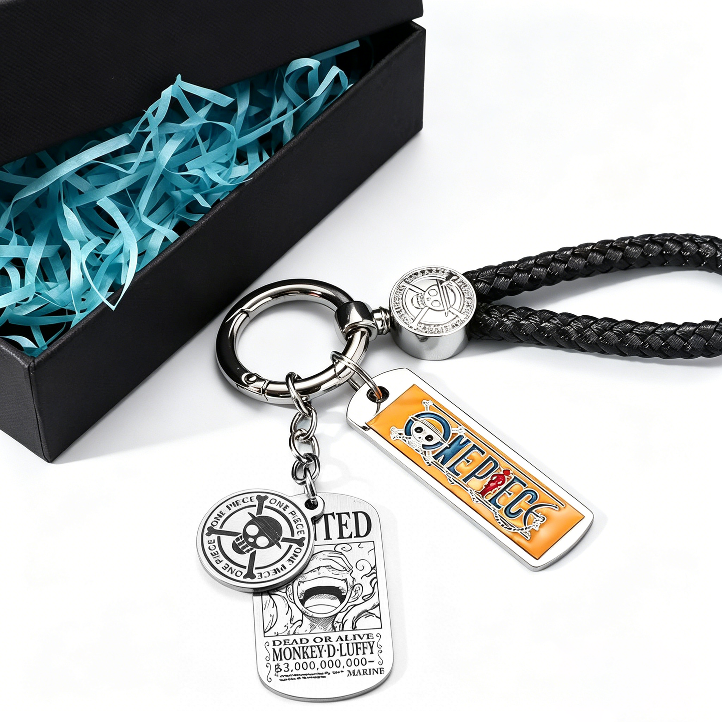 One Piece Monkey D. Luffy Wanted Poster Keychain Set Metal Dog Tag Pendant Braided Wrist Lanyard Anime Cosplay Accessory Gift Box Collection