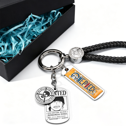 One Piece Monkey D. Luffy Wanted Poster Keychain Set Metal Dog Tag Pendant Braided Wrist Lanyard Anime Cosplay Accessory Gift Box Collection