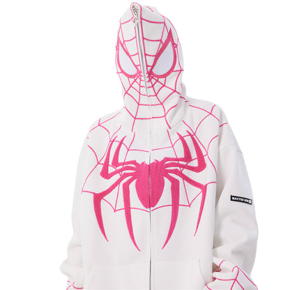 Spider‑Man Peter Parker Full Zip Up Hoodie With Mask Face Cover, Chenille Embroidery Spider Graphic Oversized Cosplay Hooded Sweatshirt For Men Women