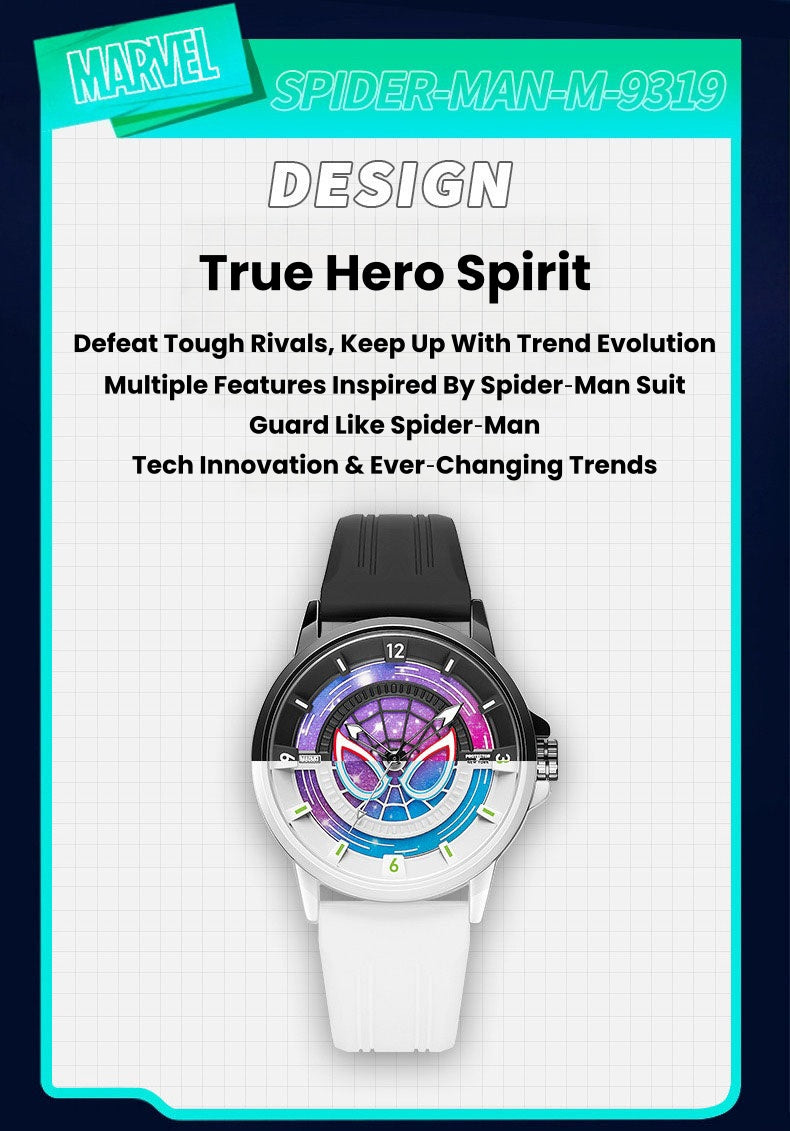 Marvel Spider-Man Co-Branded Quartz Watch 3D Gradient Starry Sky Dial Luminous Glow In Dark 3ATM Waterproof Silicone Strap Alloy Case Scratch Resistant Glass Unisex Analog Wristwatch 2 Colors For Fans