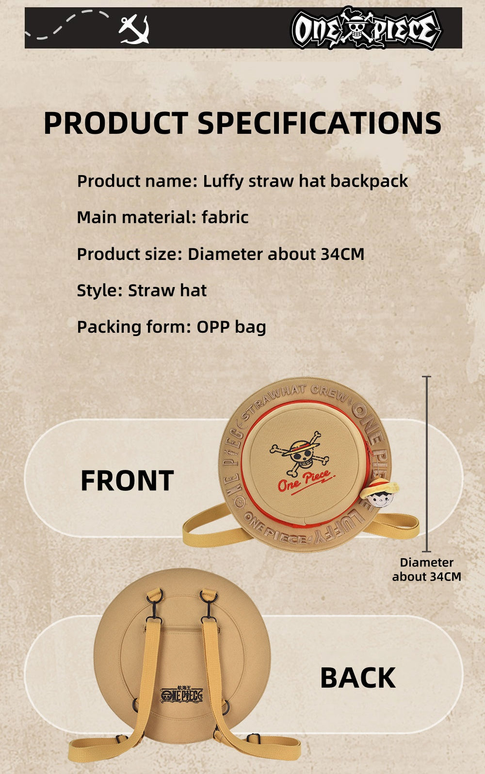 One Piece Monkey D. Luffy Straw Hat Backpack, Anime Cosplay Shoulder Bag with Plush Pendant, Large Capacity Canvas Daypack for Fans Gift