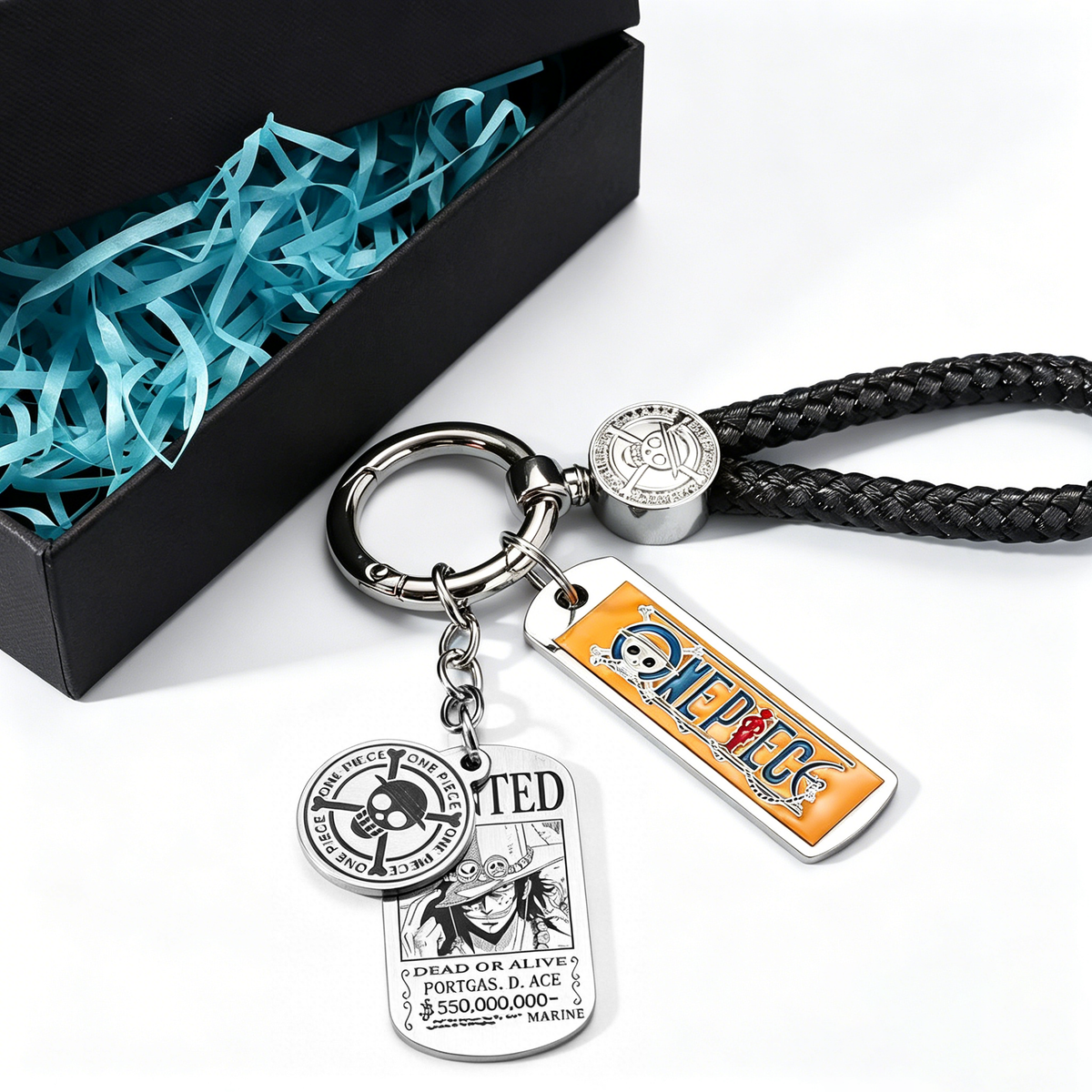 One Piece Monkey D. Luffy Wanted Poster Keychain Set Metal Dog Tag Pendant Braided Wrist Lanyard Anime Cosplay Accessory Gift Box Collection