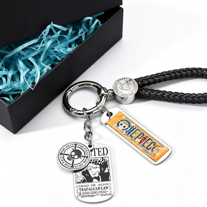 One Piece Monkey D. Luffy Wanted Poster Keychain Set Metal Dog Tag Pendant Braided Wrist Lanyard Anime Cosplay Accessory Gift Box Collection