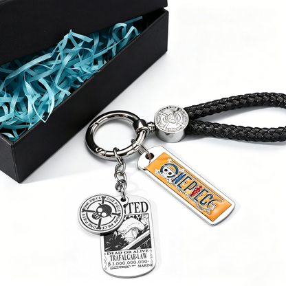 One Piece Monkey D. Luffy Wanted Poster Keychain Set Metal Dog Tag Pendant Braided Wrist Lanyard Anime Cosplay Accessory Gift Box Collection