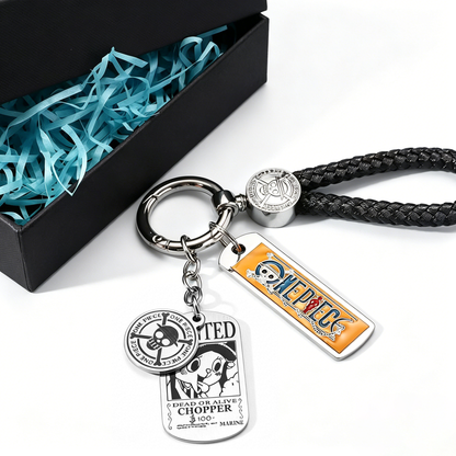 One Piece Monkey D. Luffy Wanted Poster Keychain Set Metal Dog Tag Pendant Braided Wrist Lanyard Anime Cosplay Accessory Gift Box Collection