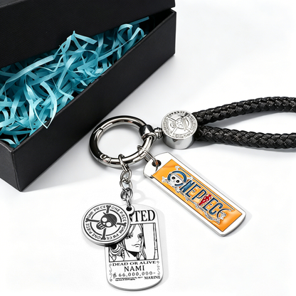 One Piece Monkey D. Luffy Wanted Poster Keychain Set Metal Dog Tag Pendant Braided Wrist Lanyard Anime Cosplay Accessory Gift Box Collection