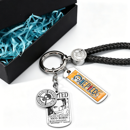 One Piece Monkey D. Luffy Wanted Poster Keychain Set Metal Dog Tag Pendant Braided Wrist Lanyard Anime Cosplay Accessory Gift Box Collection