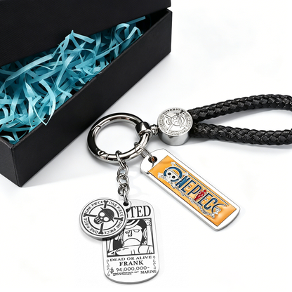 One Piece Monkey D. Luffy Wanted Poster Keychain Set Metal Dog Tag Pendant Braided Wrist Lanyard Anime Cosplay Accessory Gift Box Collection