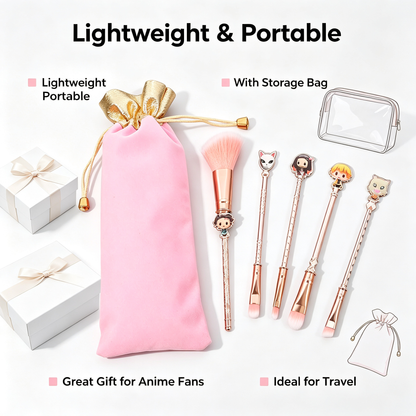 Demon Slayer Makeup Brushes Set, 5Pcs Anime Cosmetic Brushes with Pink Storage Pouch, Soft Synthetic Bristles Rose Gold Handle Makeup Brush Kit, Cute Anime Gift for Demon Slayer Fans