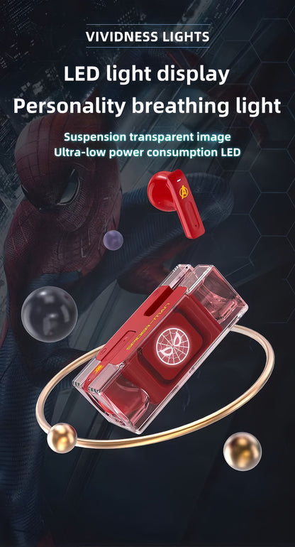 Avengers Spider‑Man Iron Man Captain America TWS True Wireless Bluetooth 5.3 Earbuds, Low Latency Gaming Mode, Cool Light Transparent Charging Case, Touch Control HIFI Stereo Headphones
