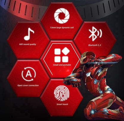 Marvel Avengers Iron Man Captain America Black Panther True Wireless Bluetooth 5.3 Earbuds HIFI Stereo Sound Touch Control In‑Ear Gaming Headphones with Charging Case for Sports Daily Use