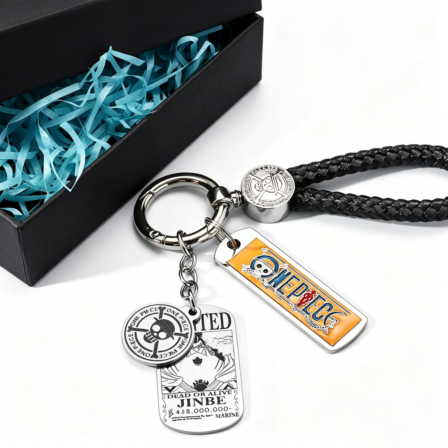 One Piece Monkey D. Luffy Wanted Poster Keychain Set Metal Dog Tag Pendant Braided Wrist Lanyard Anime Cosplay Accessory Gift Box Collection