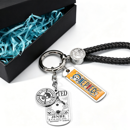 One Piece Monkey D. Luffy Wanted Poster Keychain Set Metal Dog Tag Pendant Braided Wrist Lanyard Anime Cosplay Accessory Gift Box Collection