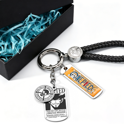 One Piece Monkey D. Luffy Wanted Poster Keychain Set Metal Dog Tag Pendant Braided Wrist Lanyard Anime Cosplay Accessory Gift Box Collection