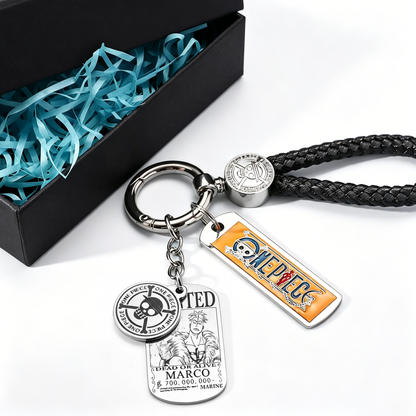 One Piece Monkey D. Luffy Wanted Poster Keychain Set Metal Dog Tag Pendant Braided Wrist Lanyard Anime Cosplay Accessory Gift Box Collection