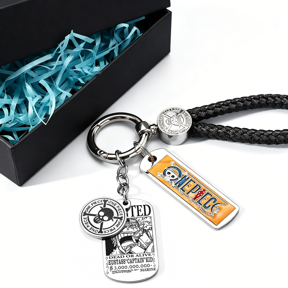 One Piece Monkey D. Luffy Wanted Poster Keychain Set Metal Dog Tag Pendant Braided Wrist Lanyard Anime Cosplay Accessory Gift Box Collection