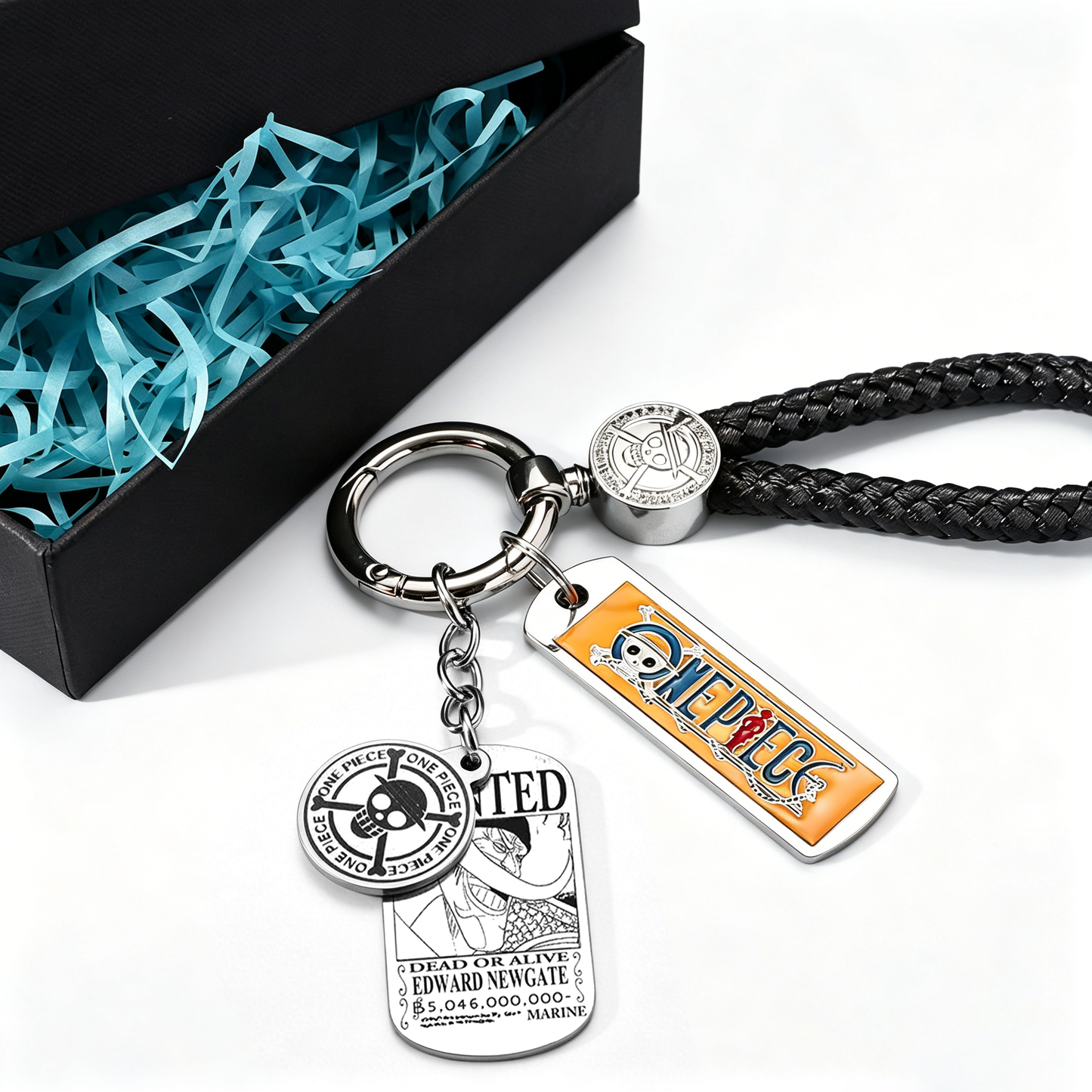 One Piece Monkey D. Luffy Wanted Poster Keychain Set Metal Dog Tag Pendant Braided Wrist Lanyard Anime Cosplay Accessory Gift Box Collection