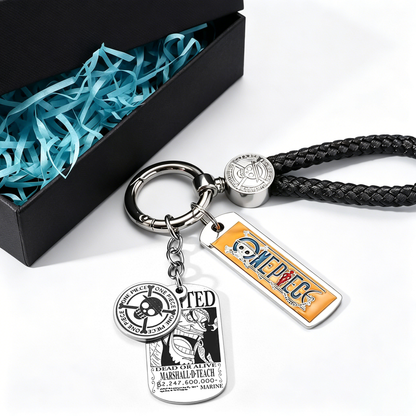 One Piece Monkey D. Luffy Wanted Poster Keychain Set Metal Dog Tag Pendant Braided Wrist Lanyard Anime Cosplay Accessory Gift Box Collection