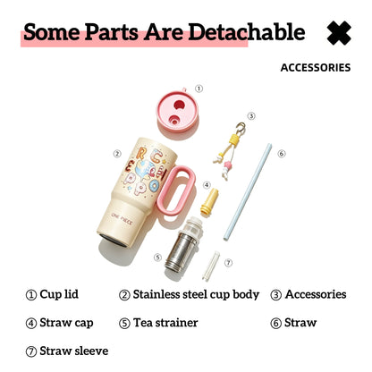 One Piece Tony Tony Chopper 25.36oz Insulated Tumbler With Handle Straw, 304 Stainless Steel Leak Proof Travel Coffee Cup With Tea Strainer & Cute Pendant, 24H Cold Retention Water Bottle For Car Office