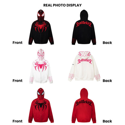 Spider‑Man Peter Parker Full Zip Up Hoodie With Mask Face Cover, Chenille Embroidery Spider Graphic Oversized Cosplay Hooded Sweatshirt For Men Women
