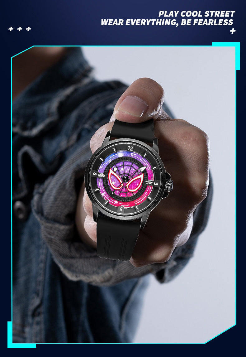 Marvel Spider-Man Co-Branded Quartz Watch 3D Gradient Starry Sky Dial Luminous Glow In Dark 3ATM Waterproof Silicone Strap Alloy Case Scratch Resistant Glass Unisex Analog Wristwatch 2 Colors For Fans