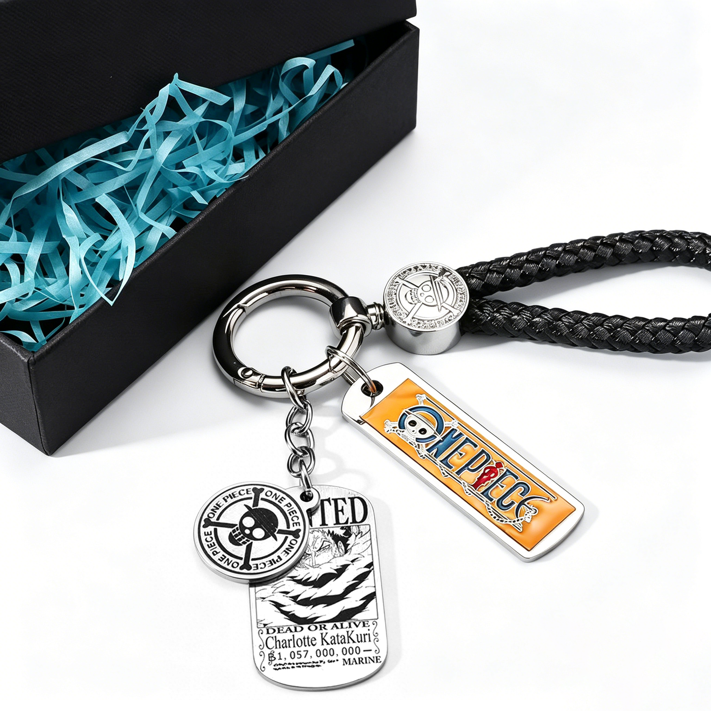 One Piece Monkey D. Luffy Wanted Poster Keychain Set Metal Dog Tag Pendant Braided Wrist Lanyard Anime Cosplay Accessory Gift Box Collection