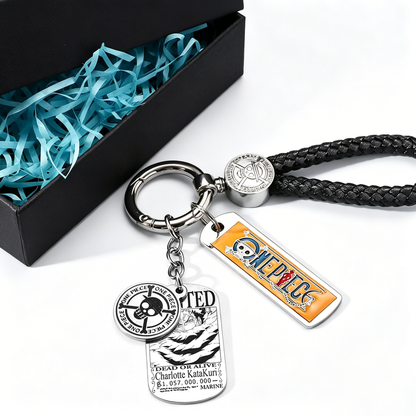 One Piece Monkey D. Luffy Wanted Poster Keychain Set Metal Dog Tag Pendant Braided Wrist Lanyard Anime Cosplay Accessory Gift Box Collection