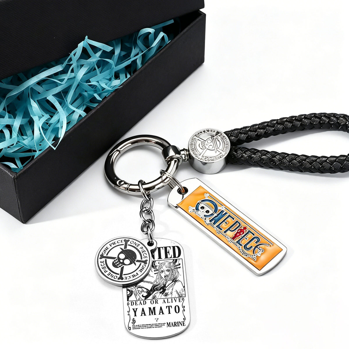 One Piece Monkey D. Luffy Wanted Poster Keychain Set Metal Dog Tag Pendant Braided Wrist Lanyard Anime Cosplay Accessory Gift Box Collection