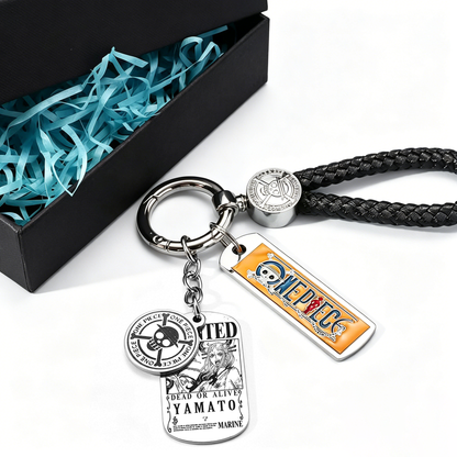 One Piece Monkey D. Luffy Wanted Poster Keychain Set Metal Dog Tag Pendant Braided Wrist Lanyard Anime Cosplay Accessory Gift Box Collection