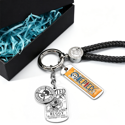 One Piece Monkey D. Luffy Wanted Poster Keychain Set Metal Dog Tag Pendant Braided Wrist Lanyard Anime Cosplay Accessory Gift Box Collection