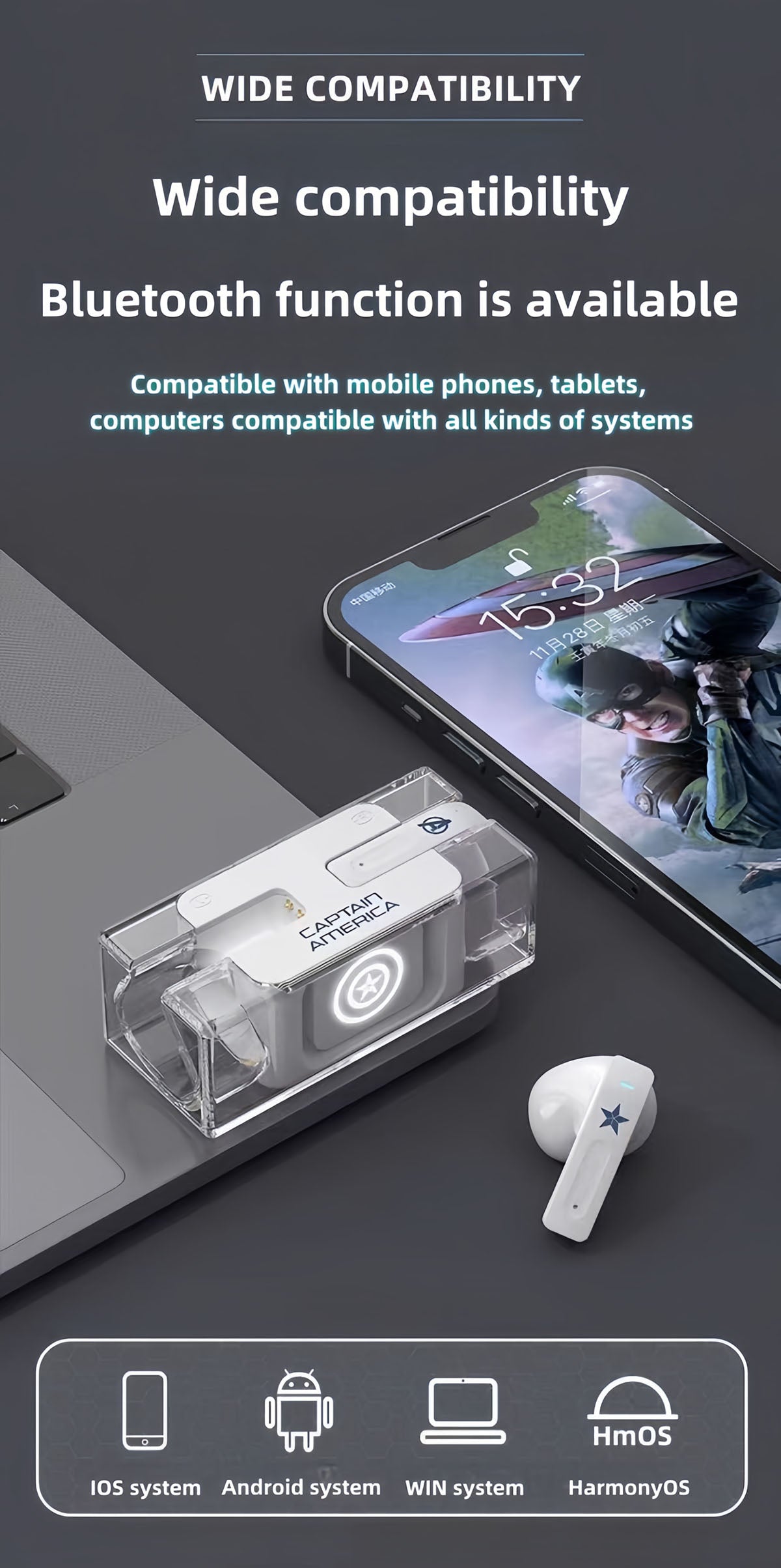 Avengers Spider‑Man Iron Man Captain America TWS True Wireless Bluetooth 5.3 Earbuds, Low Latency Gaming Mode, Cool Light Transparent Charging Case, Touch Control HIFI Stereo Headphones
