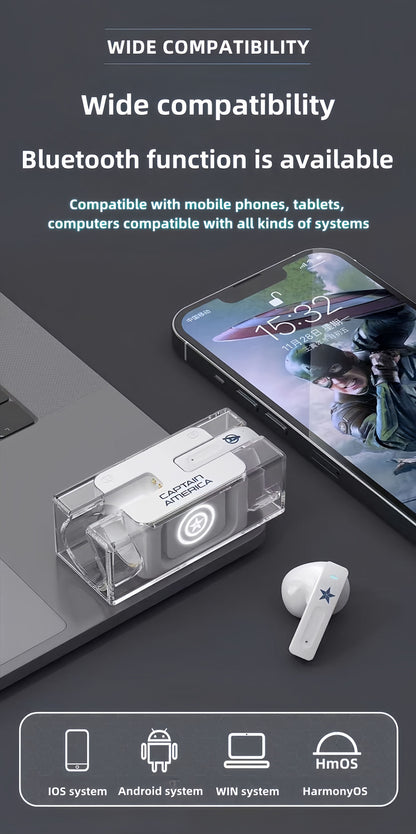 Avengers Spider‑Man Iron Man Captain America TWS True Wireless Bluetooth 5.3 Earbuds, Low Latency Gaming Mode, Cool Light Transparent Charging Case, Touch Control HIFI Stereo Headphones