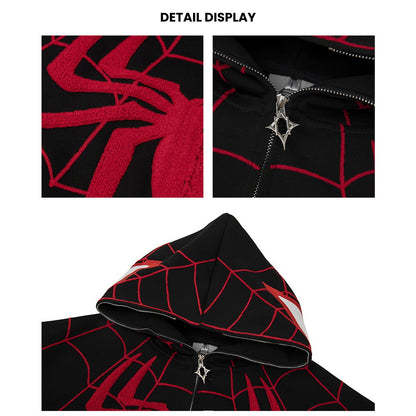 Spider‑Man Peter Parker Full Zip Up Hoodie With Mask Face Cover, Chenille Embroidery Spider Graphic Oversized Cosplay Hooded Sweatshirt For Men Women