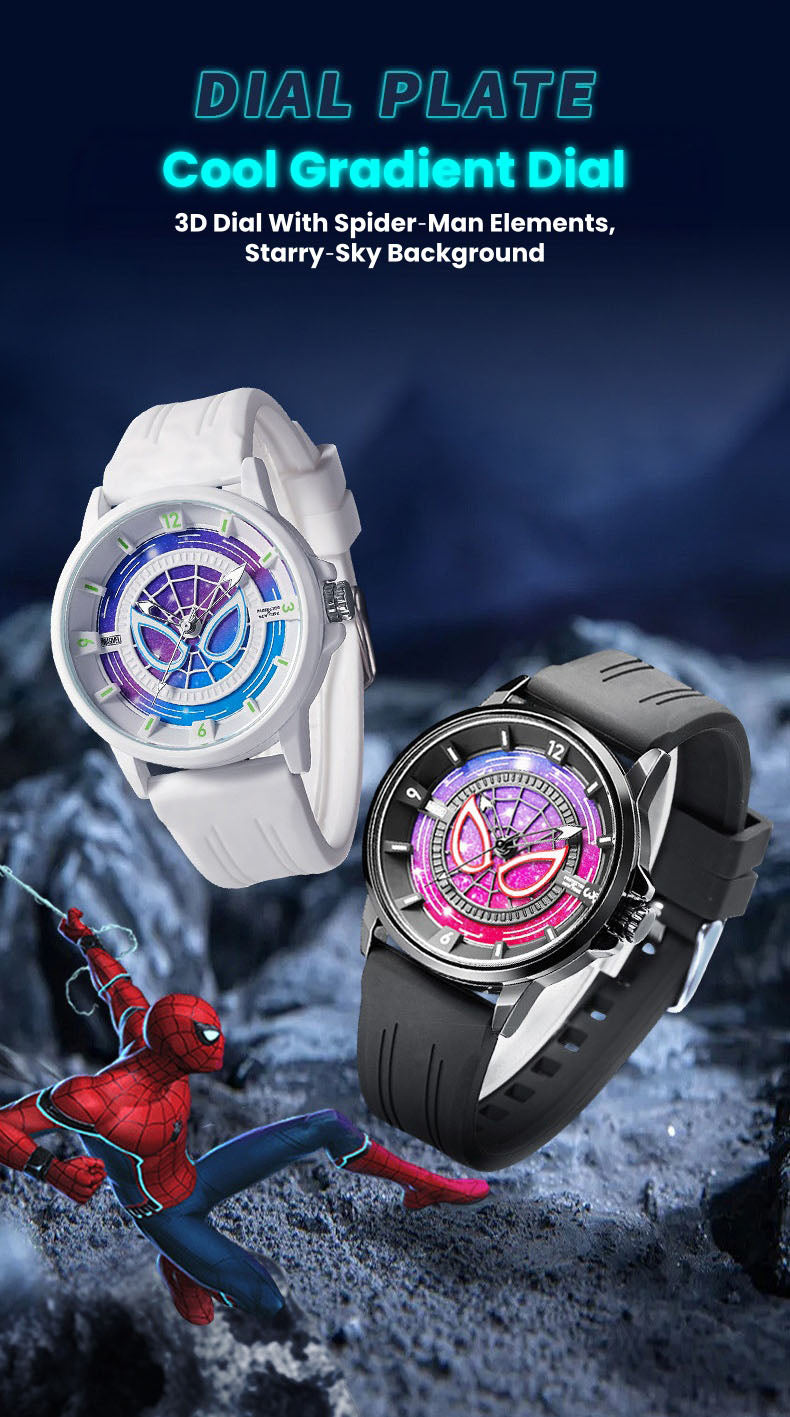 Marvel Spider-Man Co-Branded Quartz Watch 3D Gradient Starry Sky Dial Luminous Glow In Dark 3ATM Waterproof Silicone Strap Alloy Case Scratch Resistant Glass Unisex Analog Wristwatch 2 Colors For Fans