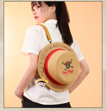 One Piece Monkey D. Luffy Straw Hat Backpack, Anime Cosplay Shoulder Bag with Plush Pendant, Large Capacity Canvas Daypack for Fans Gift