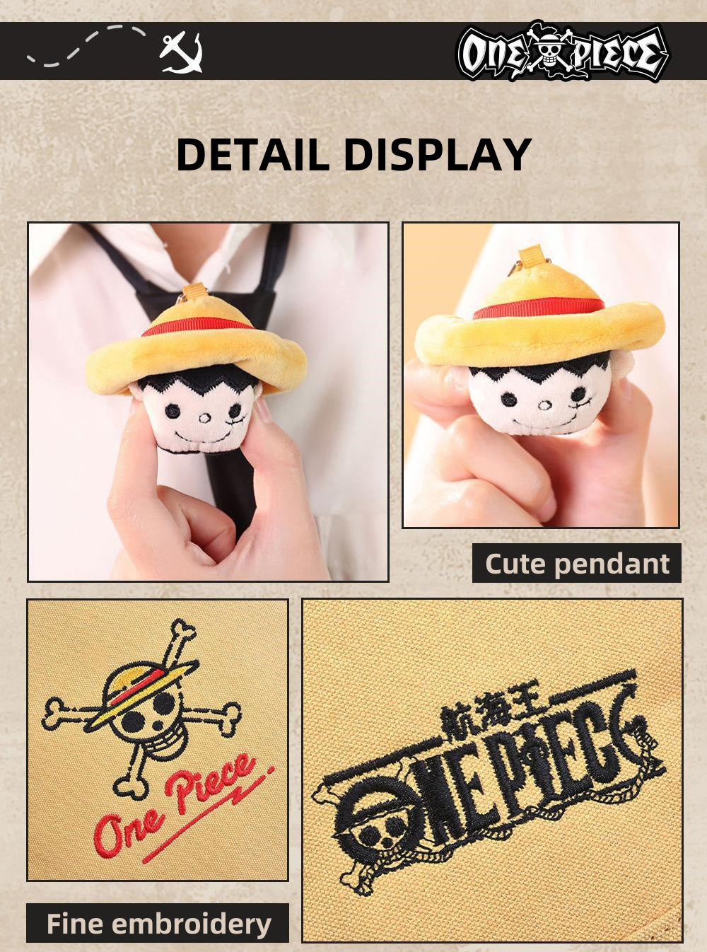 One Piece Monkey D. Luffy Straw Hat Backpack, Anime Cosplay Shoulder Bag with Plush Pendant, Large Capacity Canvas Daypack for Fans Gift