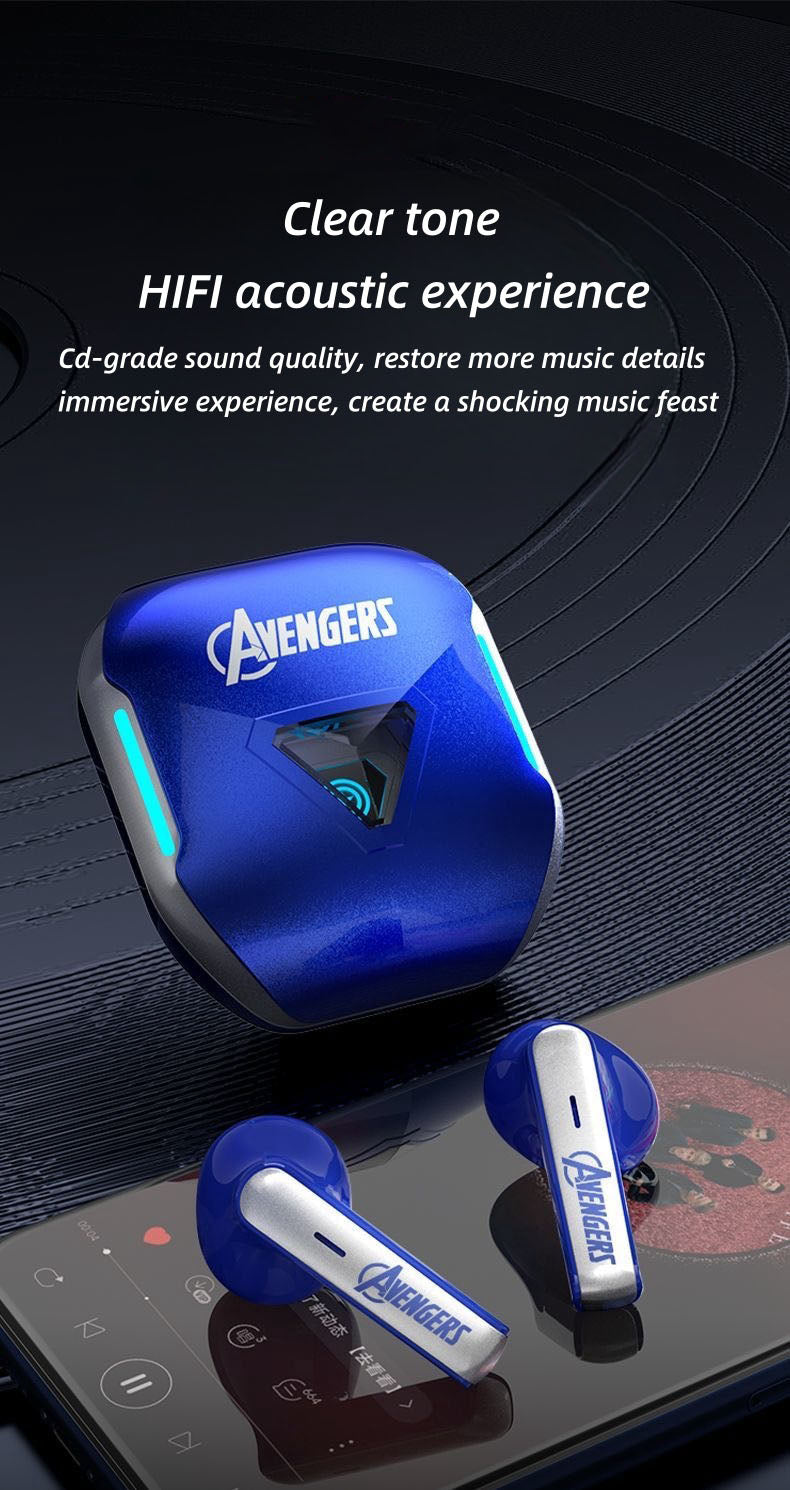 Marvel Avengers Iron Man Captain America Black Panther True Wireless Bluetooth 5.3 Earbuds HIFI Stereo Sound Touch Control In‑Ear Gaming Headphones with Charging Case for Sports Daily Use